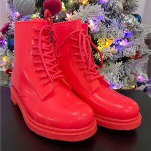Vibrant Hot Pink Lace-Up Rain Boots | Waterproof Combat Style | Women’s 10